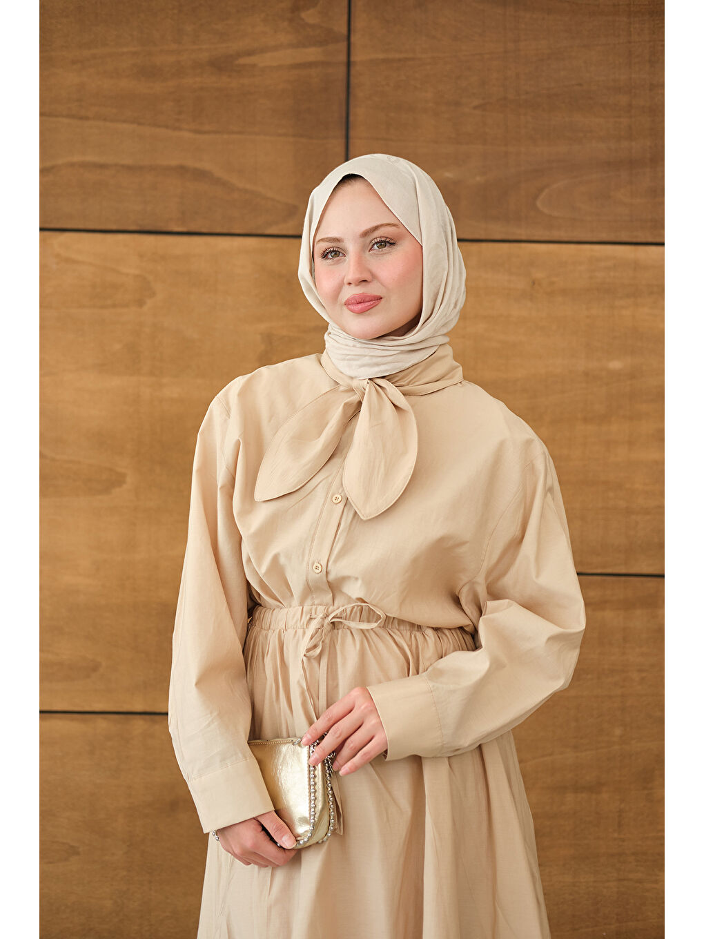 Ekru Kadın Fular Yaka Gömlekli Takım Krem-1