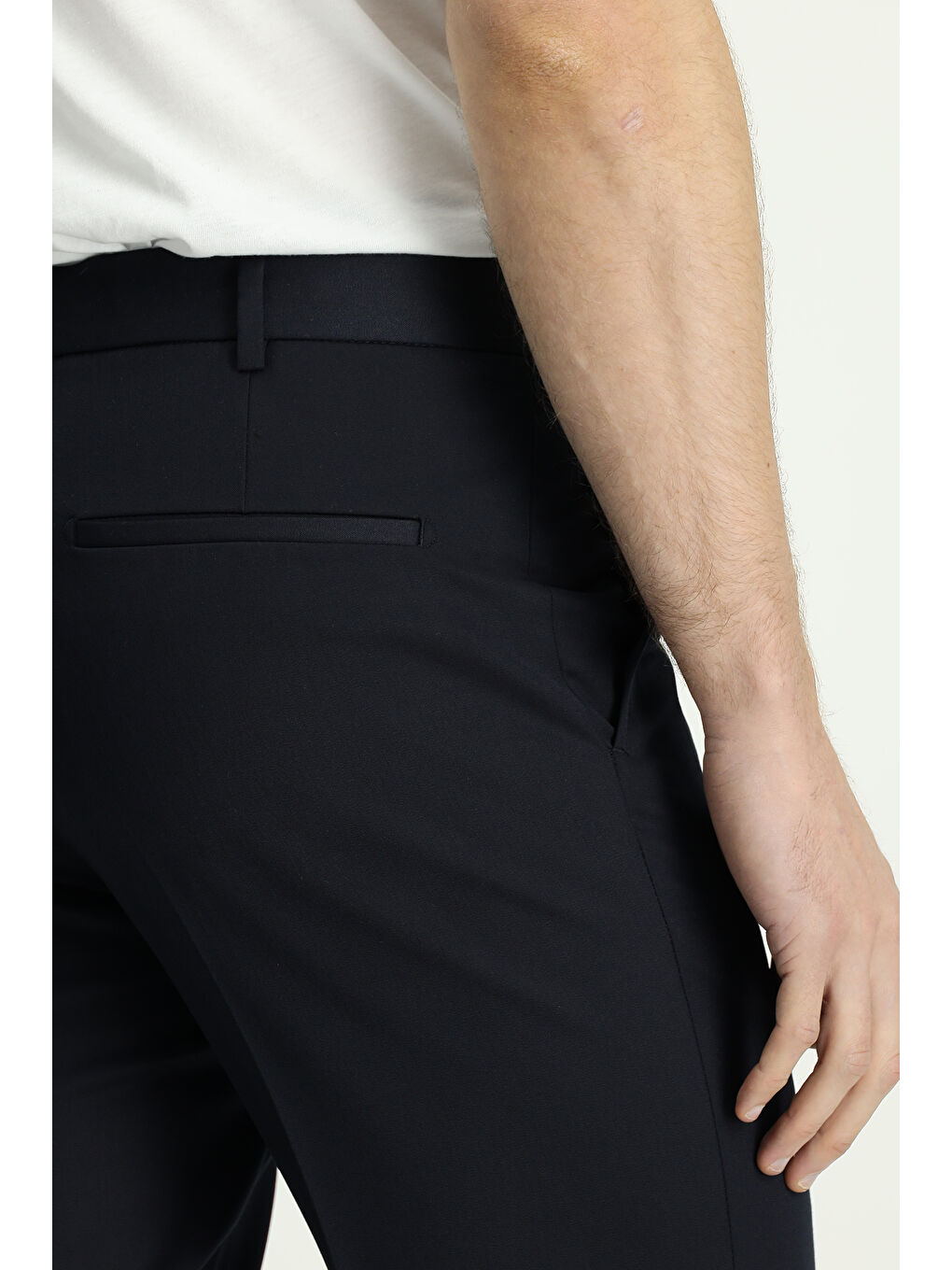 Lacivert Slim Fit Dar Kesim Nervürlü Beli İpli Klasik Kumaş Pantolon-5