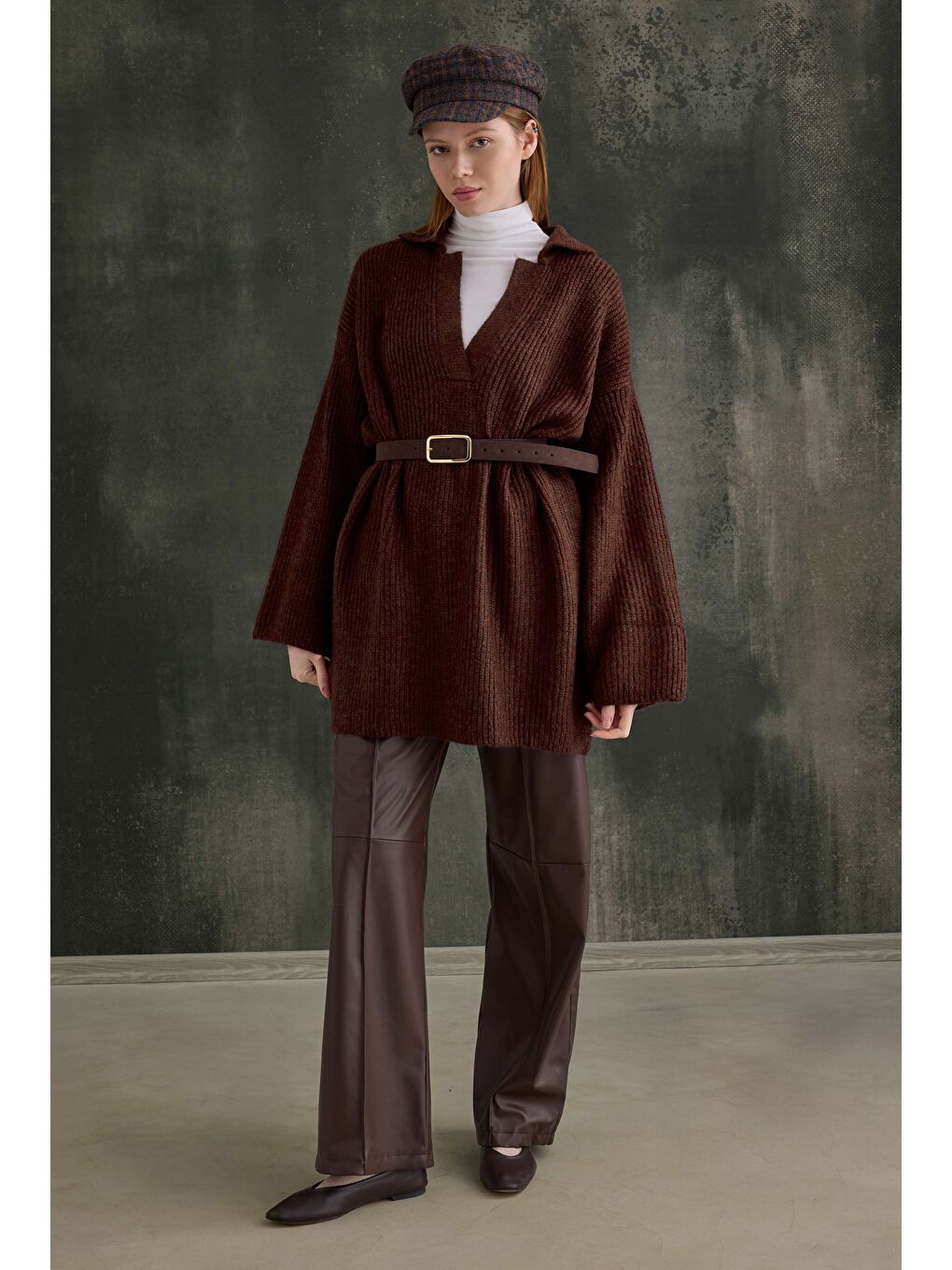 Kahverengi Uzun Polo Yaka Kazak Kahve