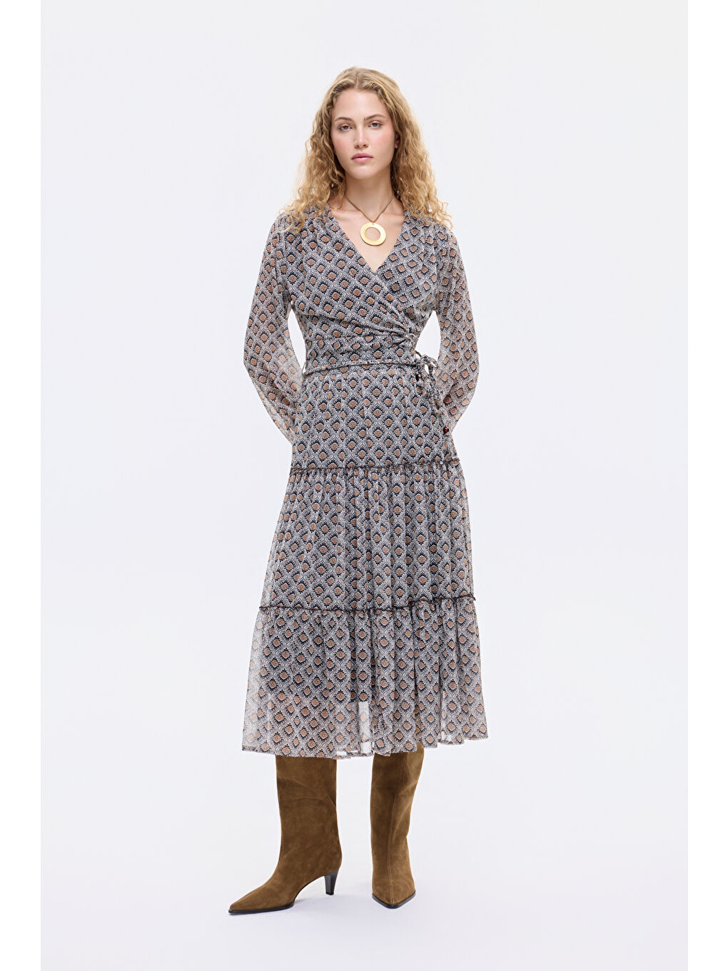 Retro Geometrik Desenli Beli Bağcık Detaylı Midi Etek Kahverengi-3