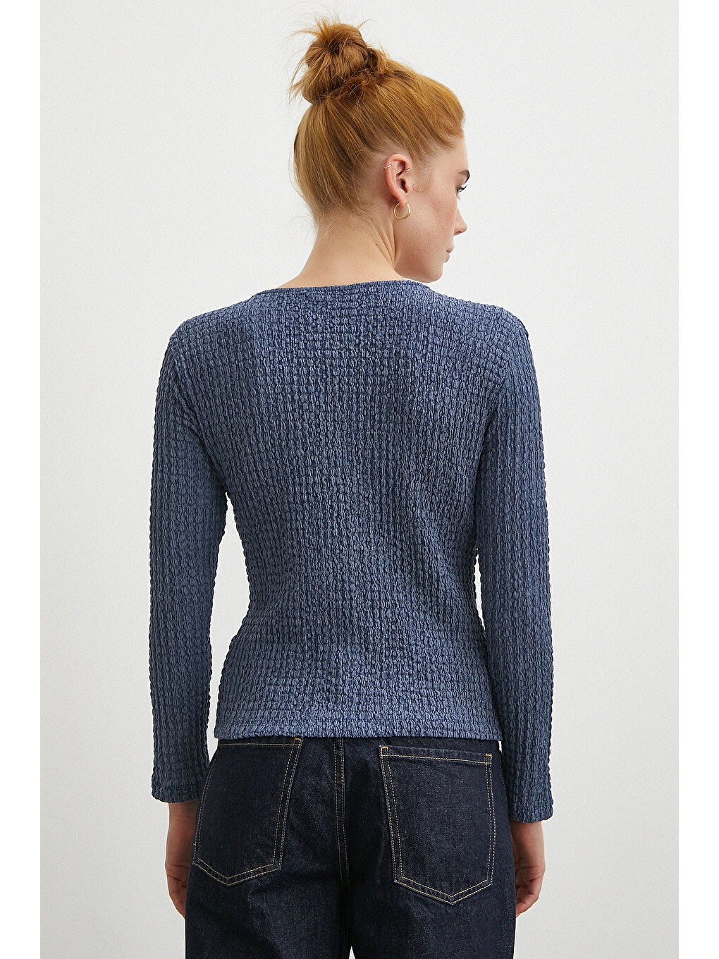 V Yaka Düğmeli Kazak Lacivert-6