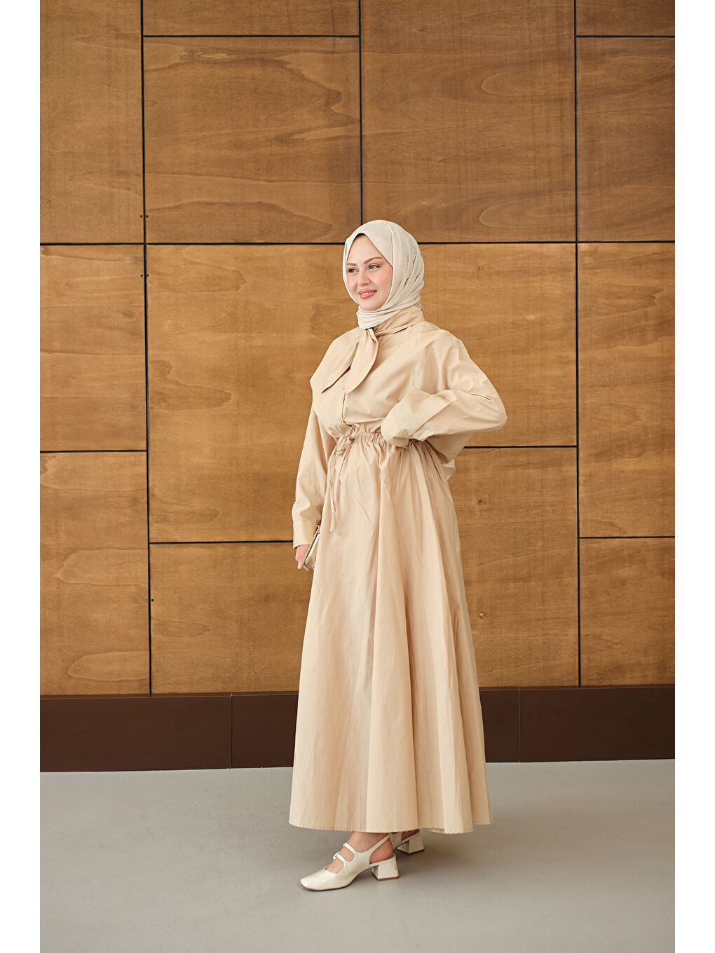 Ekru Kadın Fular Yaka Gömlekli Takım Krem-2