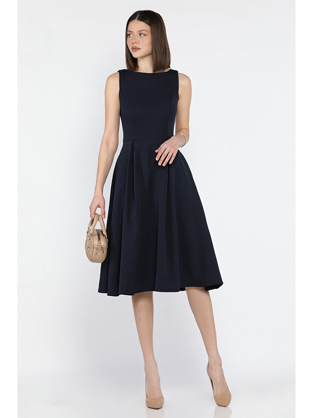 Lacivert Kadın Çift Cepli Midi Boy Kiloş Elbise-1