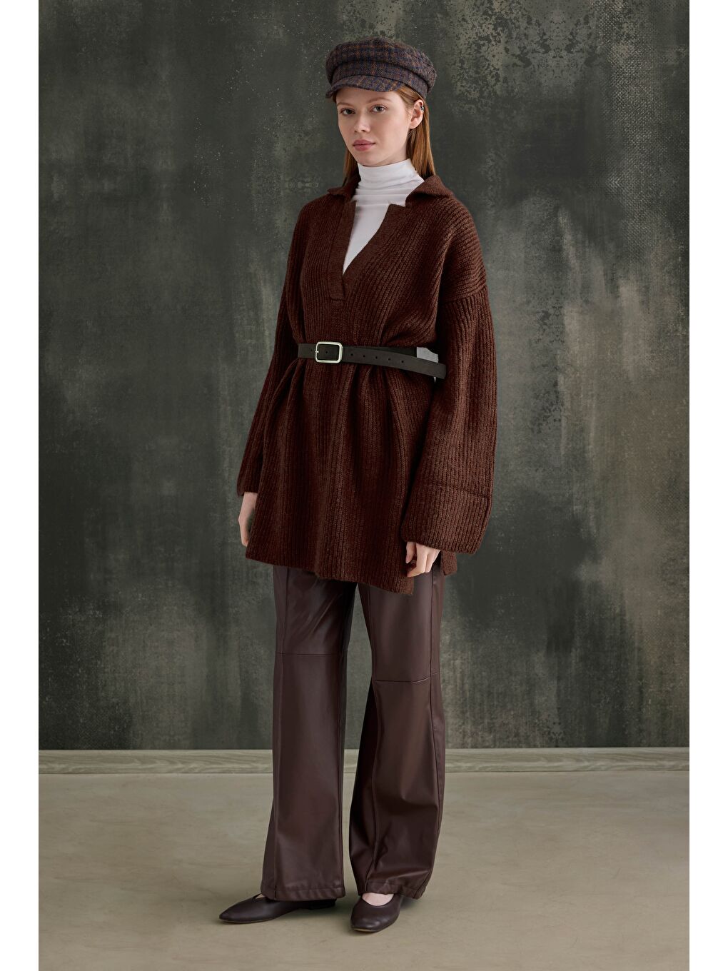 Kahverengi Uzun Polo Yaka Kazak Kahve-1