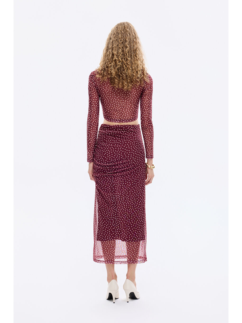 Puantiyeli Drape Detaylı Transparan Midi Etek Mürdüm-4