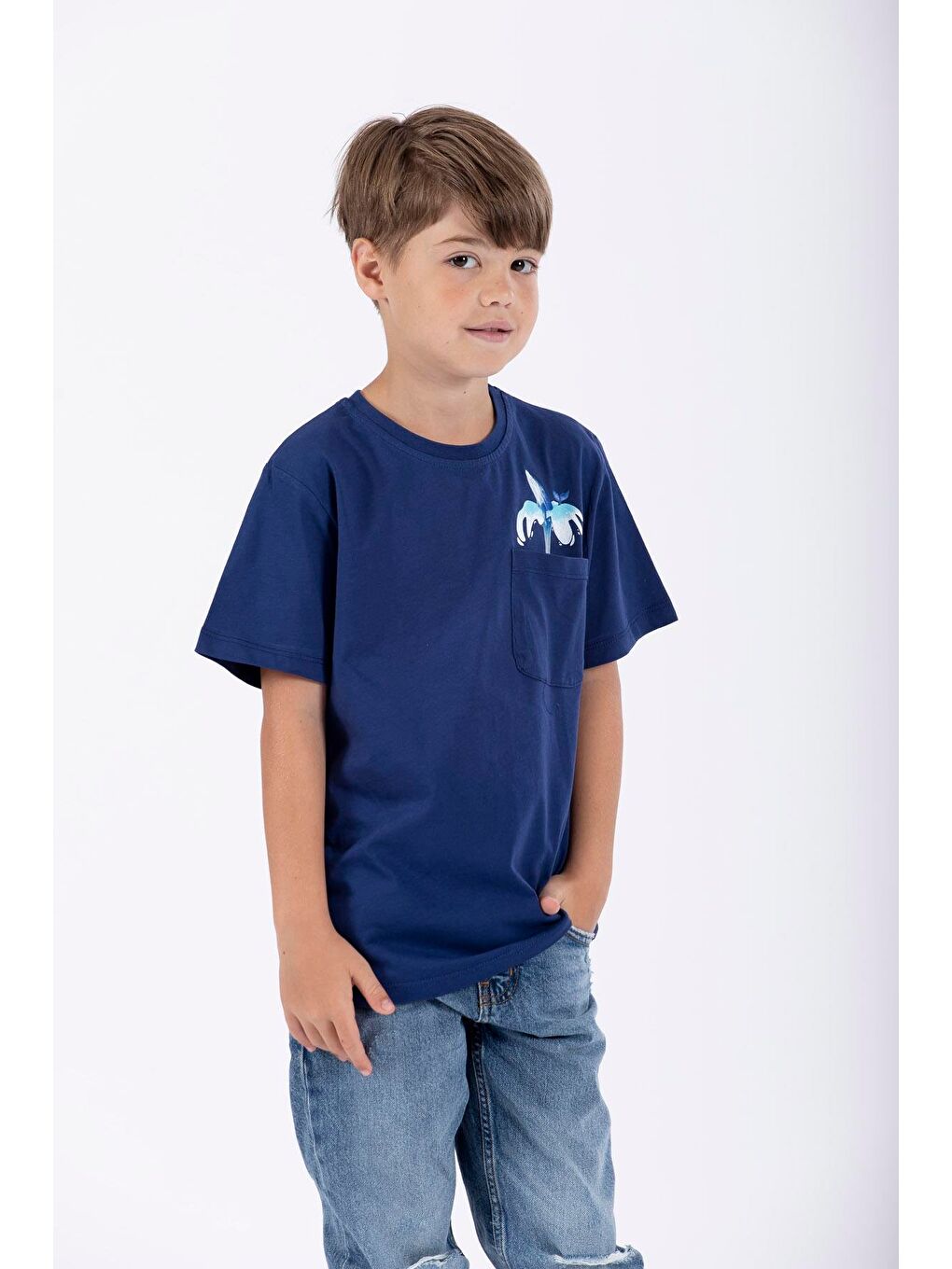 İndigo Bisiklet Yaka Balina Baskılı Erkek Çocuk Tişört-1