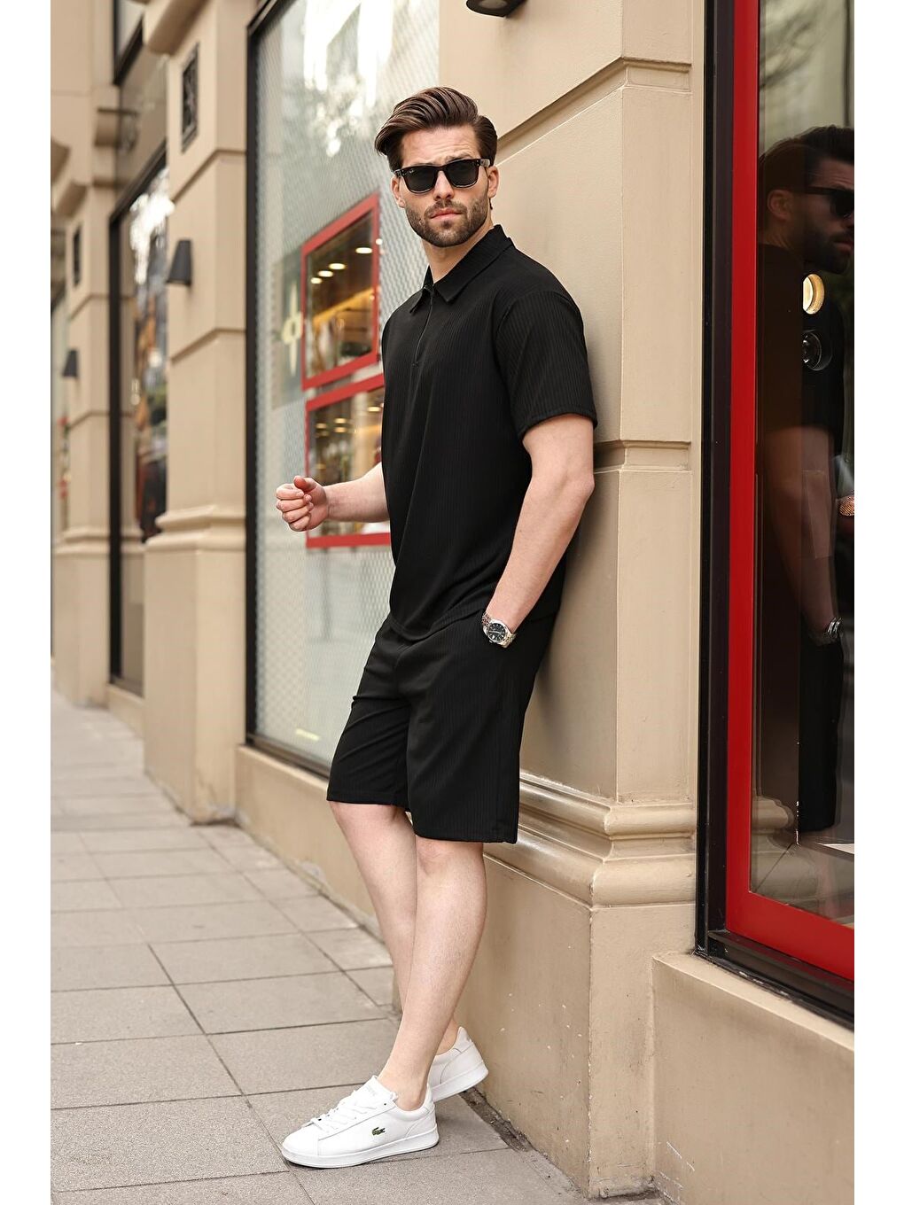Siyah Polo Yaka T-Shirt Şort Takım E7363-1