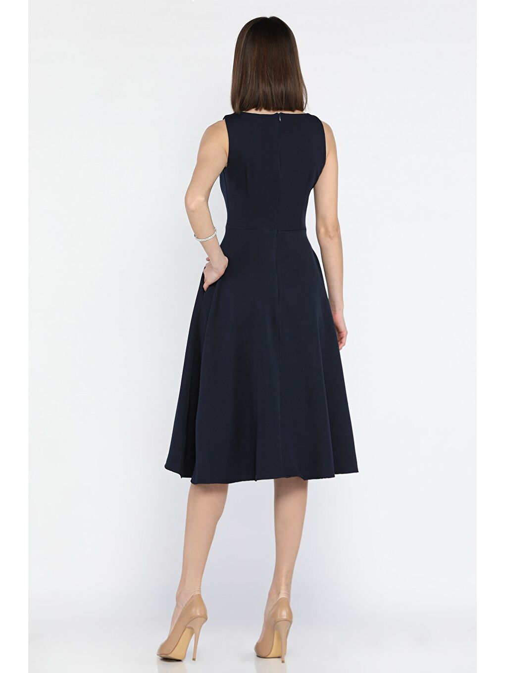 Lacivert Kadın Çift Cepli Midi Boy Kiloş Elbise-2