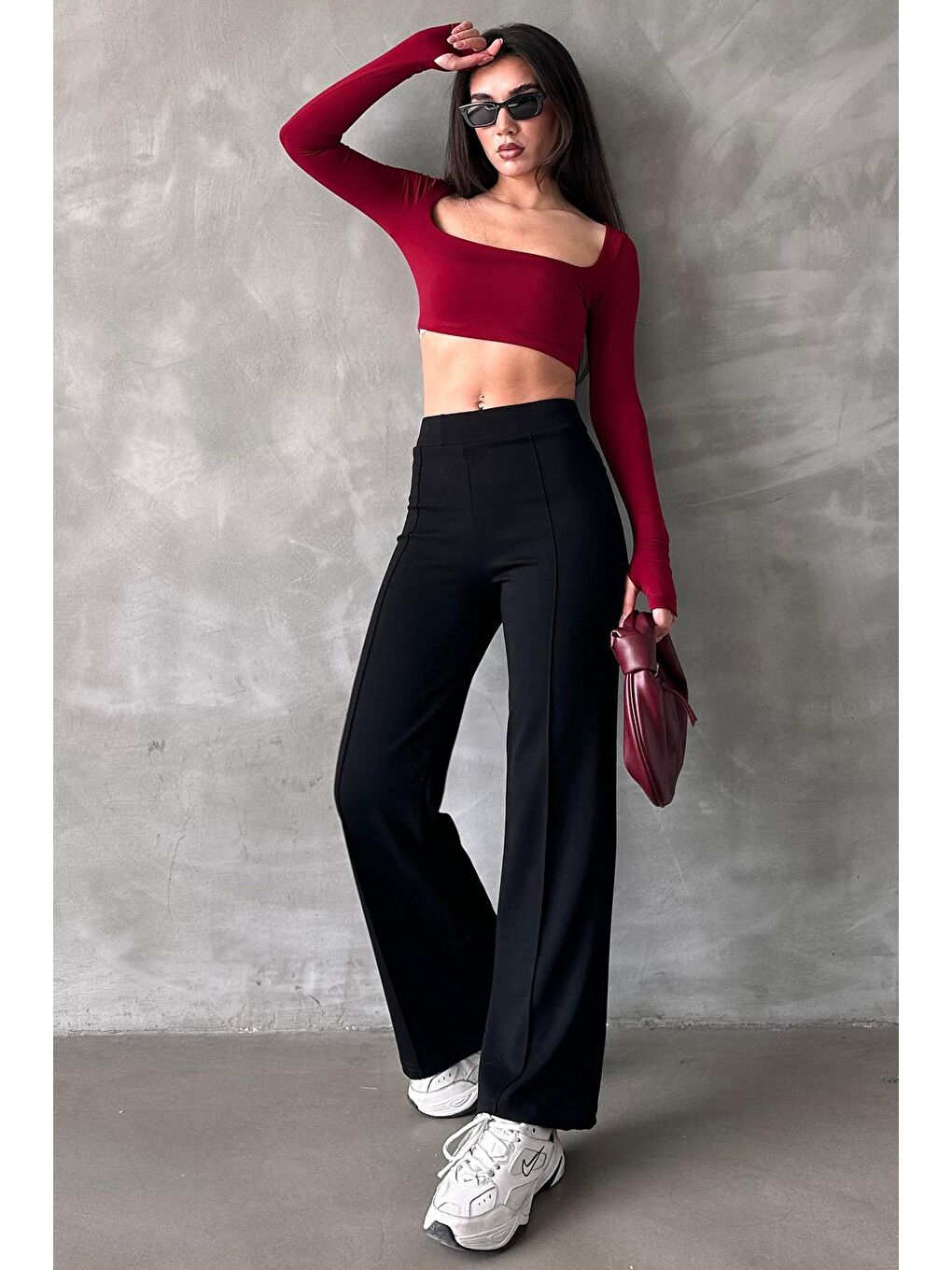 Siyah Yüksek Bel İspanyol Paça Kadın Tayt Pantolon Mg2287