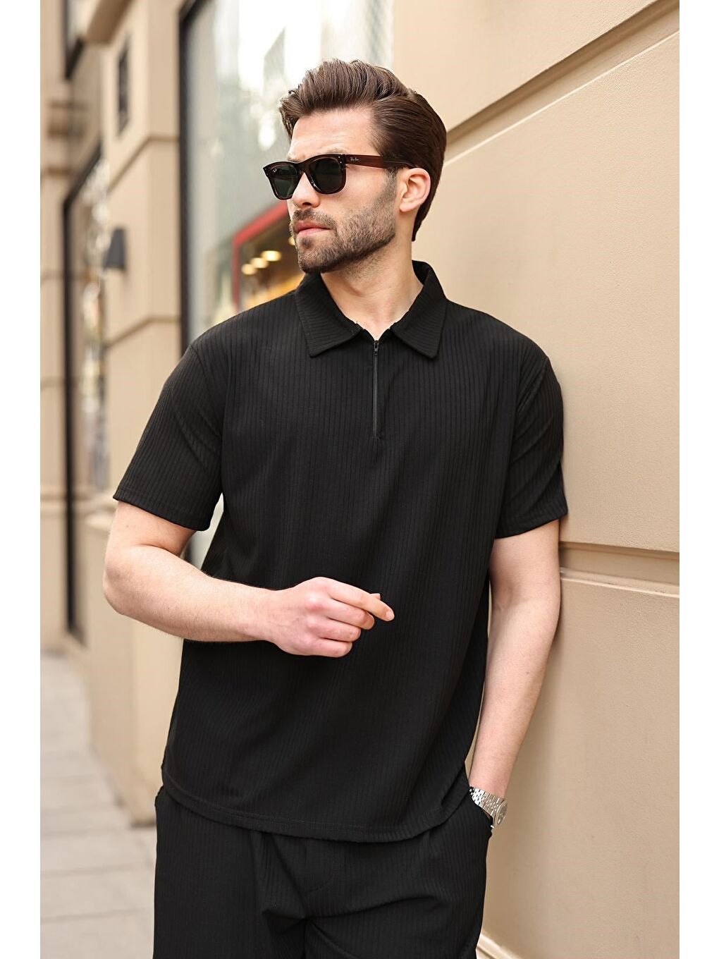 Siyah Polo Yaka T-Shirt Şort Takım E7363-2