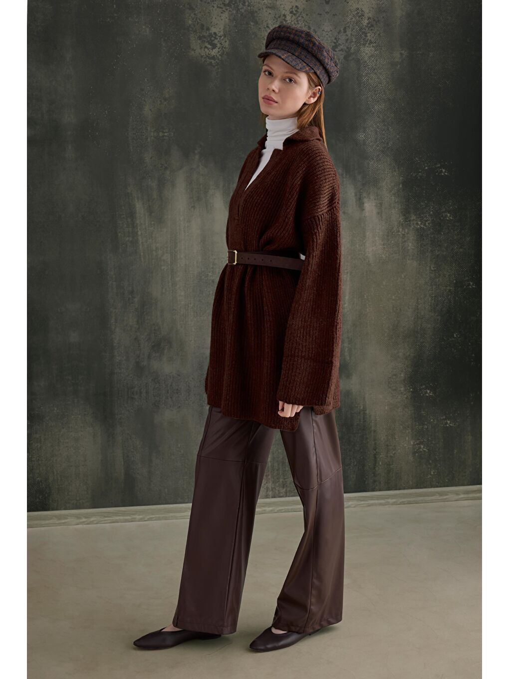 Kahverengi Uzun Polo Yaka Kazak Kahve-3