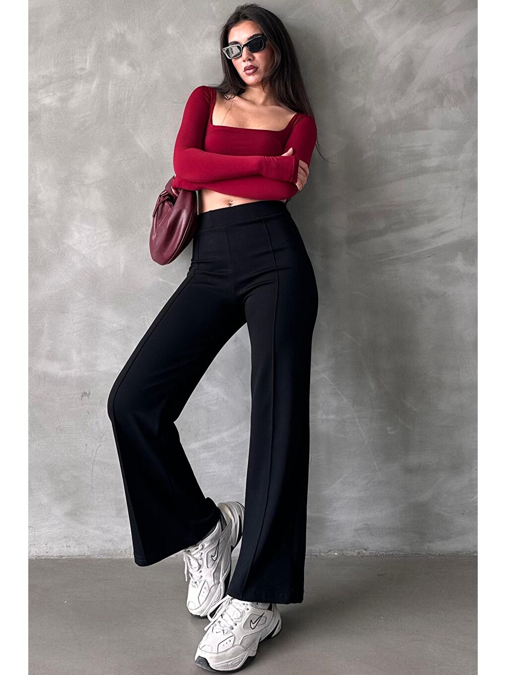 Siyah Yüksek Bel İspanyol Paça Kadın Tayt Pantolon Mg2287-1