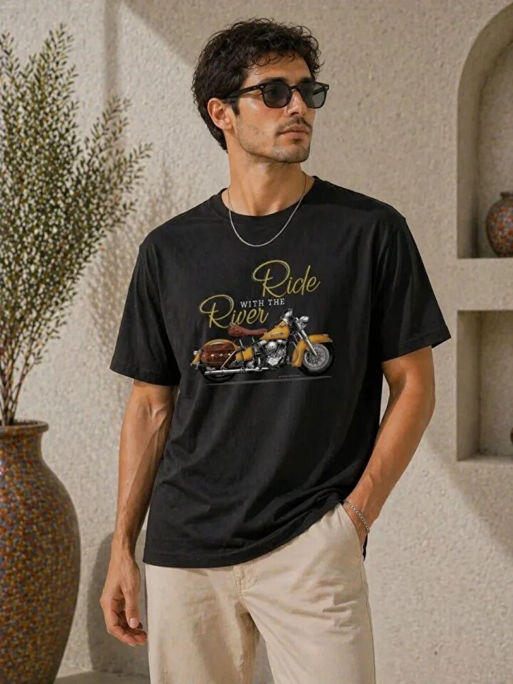 Erkek Motosiklet Baskılı Tişört Bisiklet Yaka Kısa Kol Yazlık T-Shirt - Siyah-1