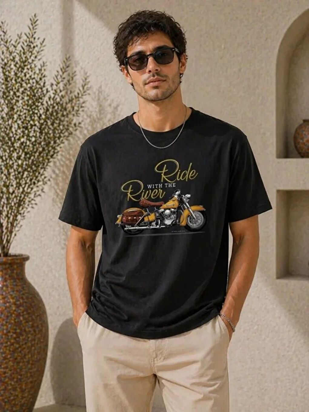 Erkek Motosiklet Baskılı Tişört Bisiklet Yaka Kısa Kol Yazlık T-Shirt - Siyah-2