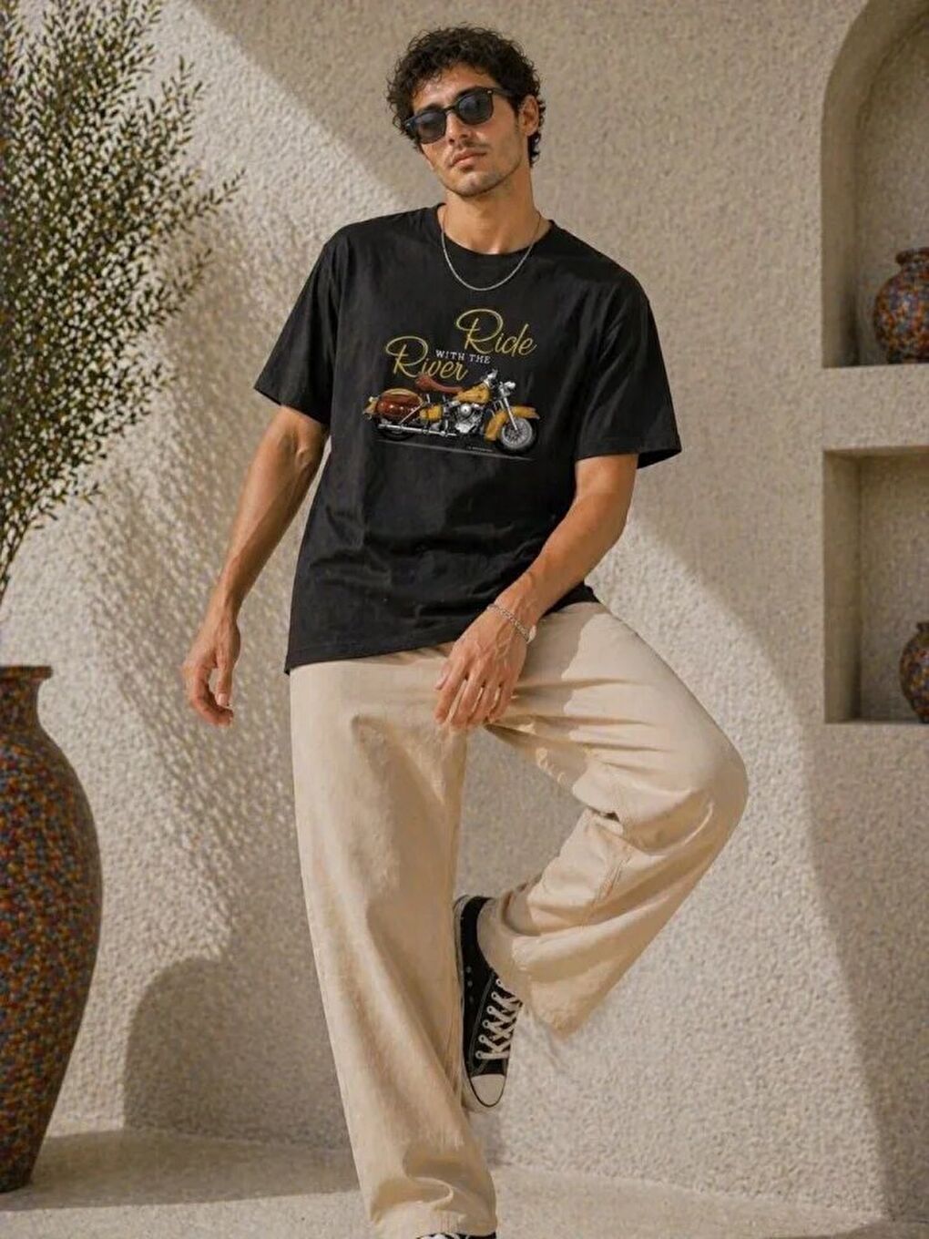 Erkek Motosiklet Baskılı Tişört Bisiklet Yaka Kısa Kol Yazlık T-Shirt - Siyah-3