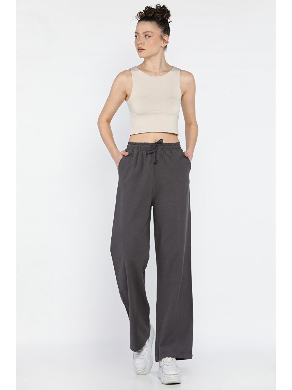 Antrasit Kadın Yüksek Bel Palazzo Keten Pantolon-1