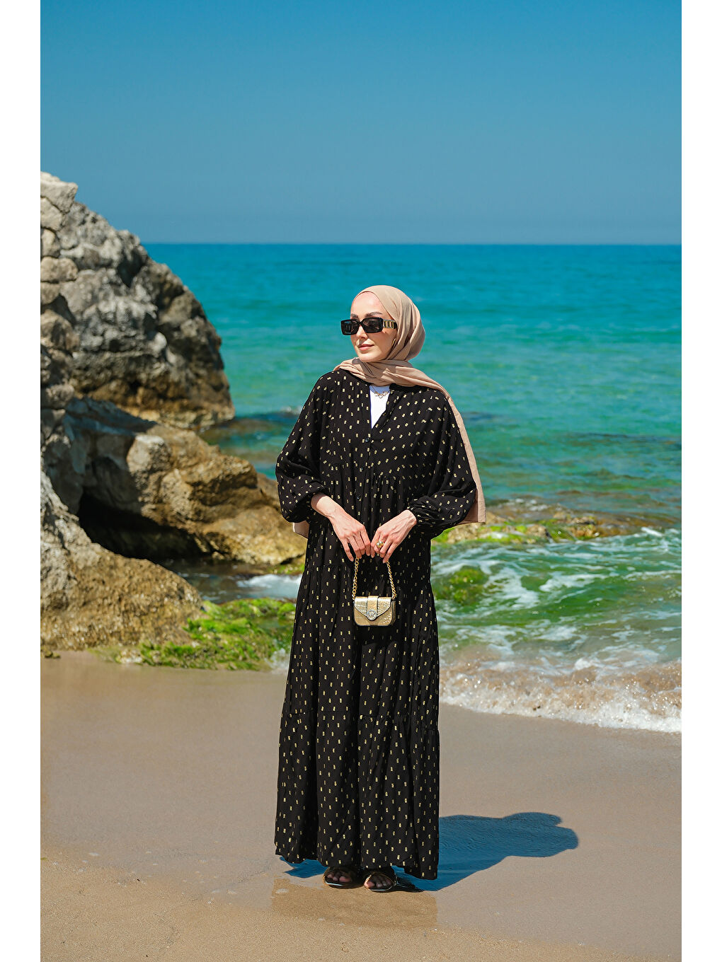 Kadın Sim Boncuk Detaylı Elbise Siyah-1