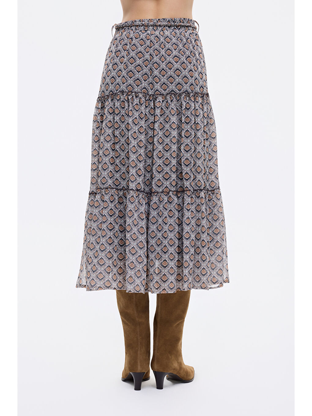 Retro Geometrik Desenli Beli Bağcık Detaylı Midi Etek Kahverengi-4