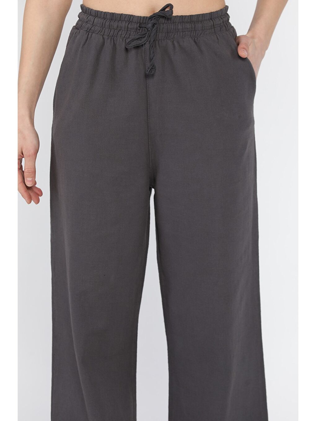 Antrasit Kadın Yüksek Bel Palazzo Keten Pantolon-3