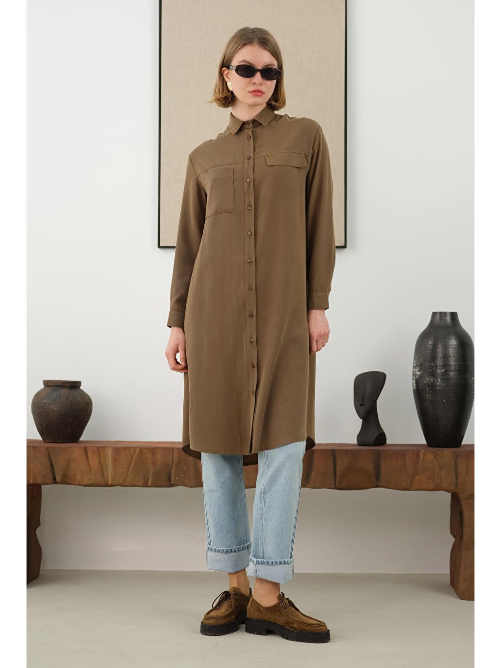 Kahverengi Robadan Cepli Gömlek Ceviz Kabuğu