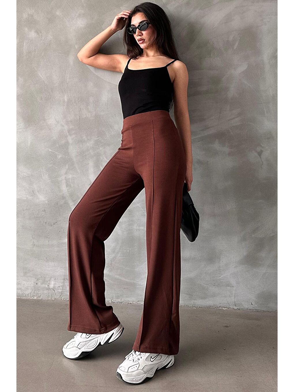 Kahverengi Yüksek Bel İspanyol Paça Kadın Tayt Pantolon Mg2287-3