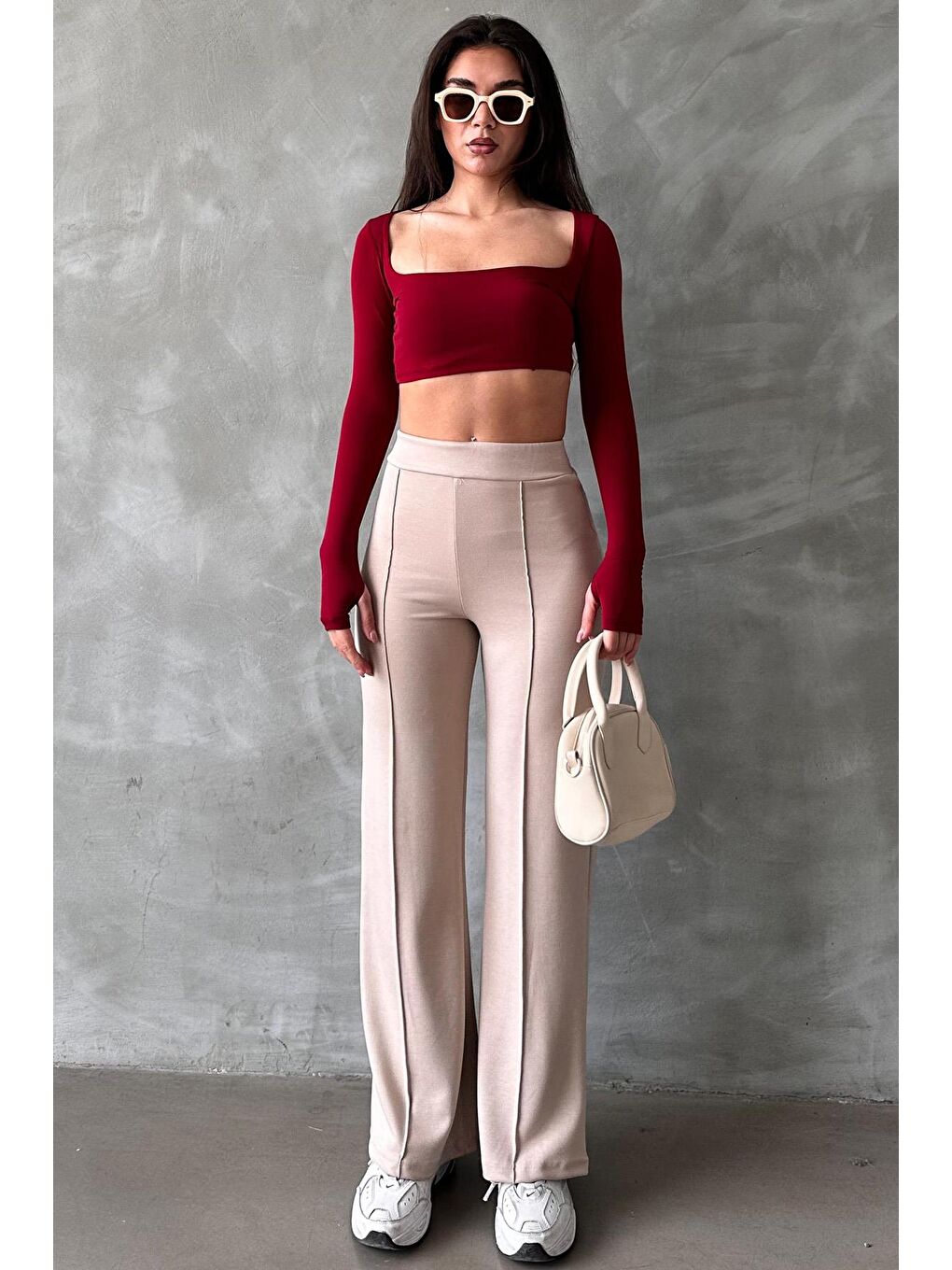 Bej Yüksek Bel İspanyol Paça Kadın Tayt Pantolon Mg2287