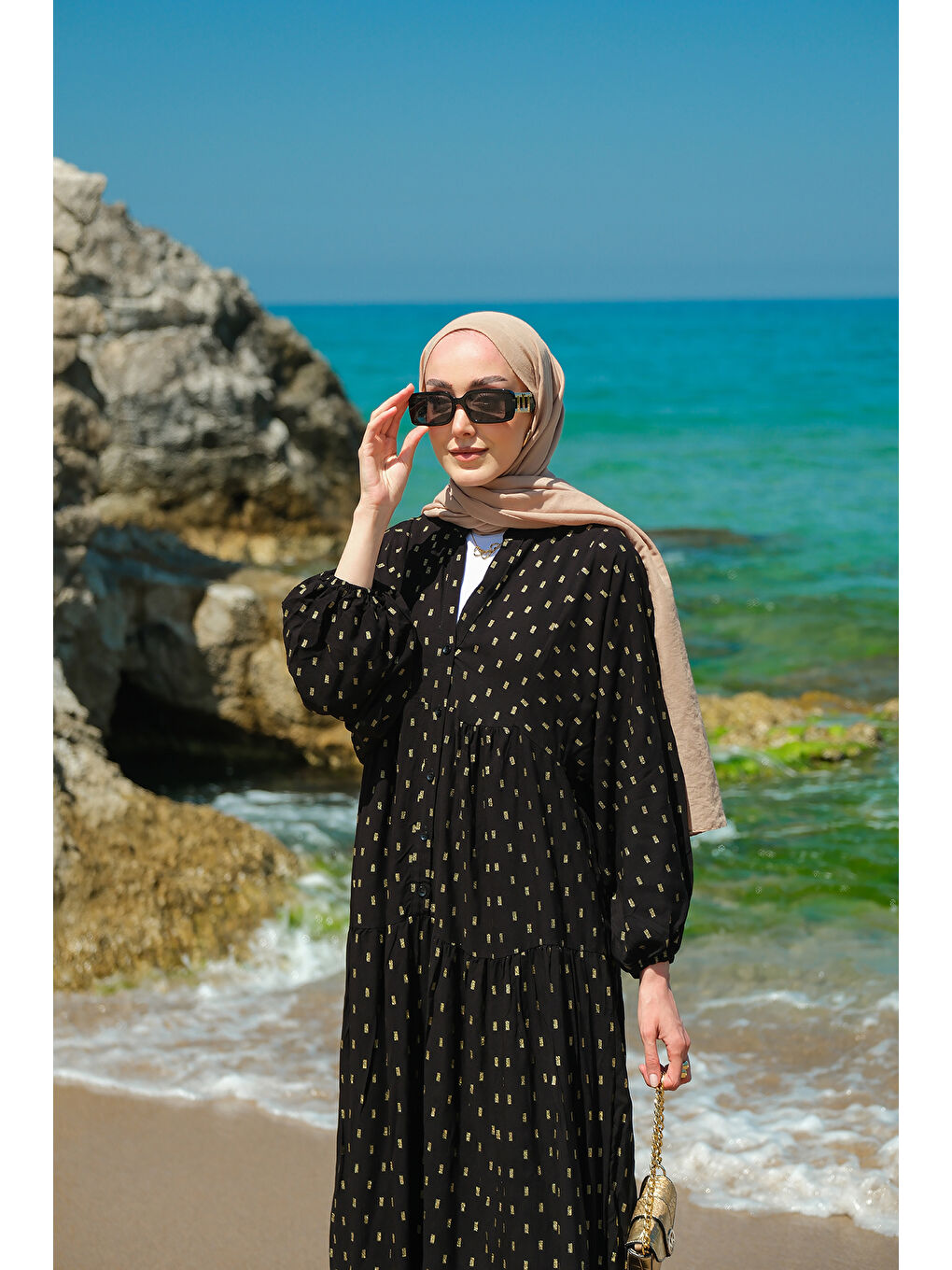 Kadın Sim Boncuk Detaylı Elbise Siyah-2