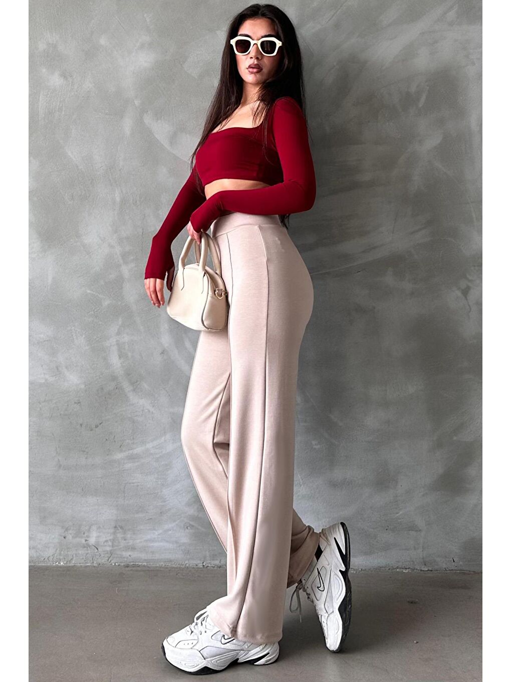 Bej Yüksek Bel İspanyol Paça Kadın Tayt Pantolon Mg2287-1