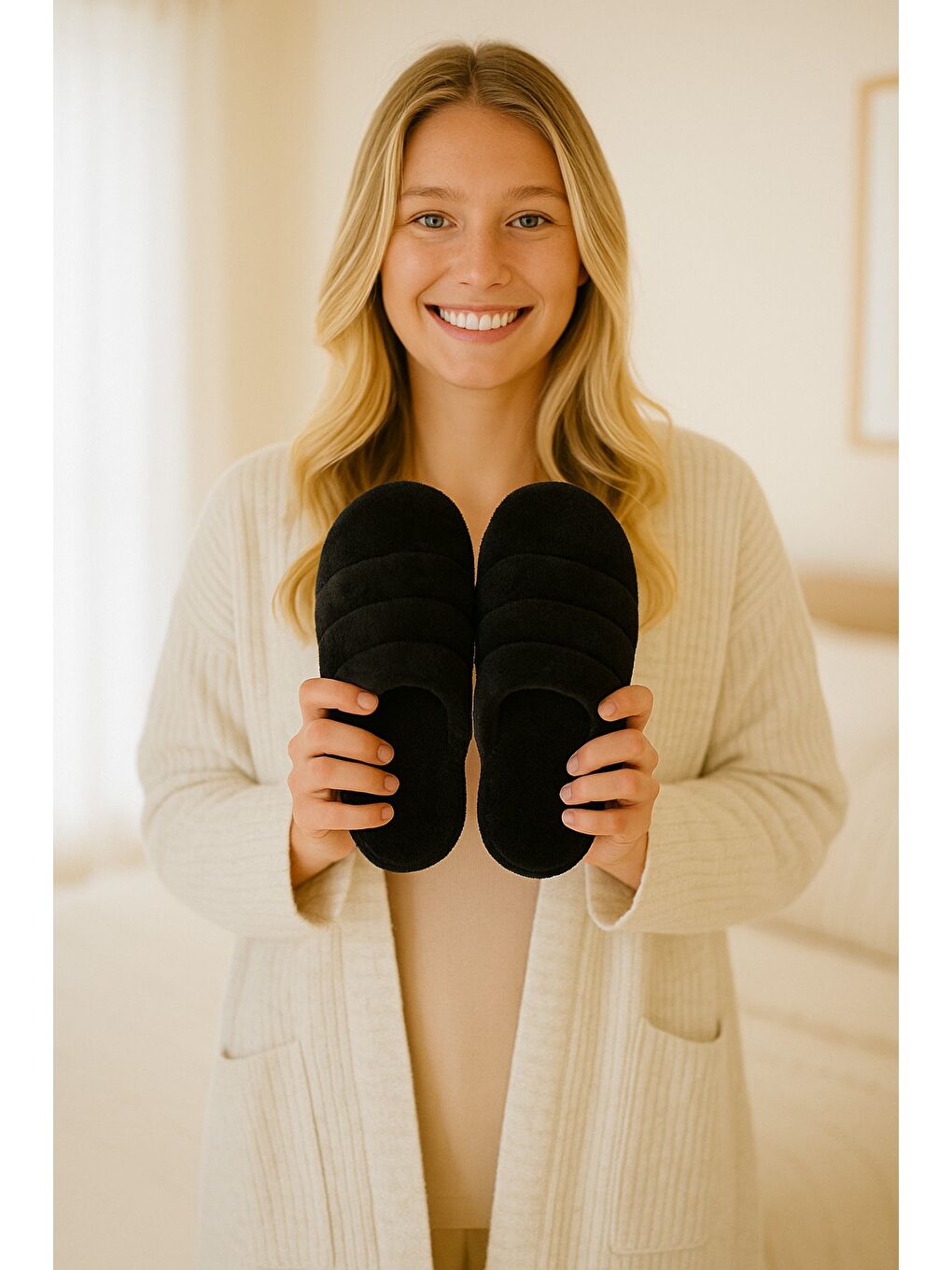 Siyah SMT-03 Kapalı Kadın Ev Terliği Kışlık Terlik Ses Yapmayan Taban-1