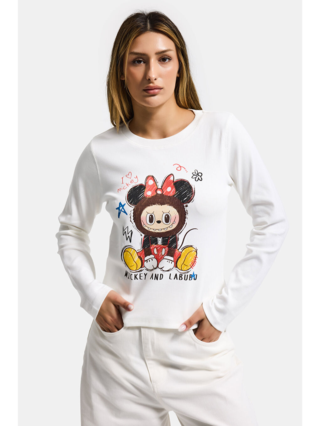 Kadın Kırık Beyaz w5 Baskı Desenli Sweatshirt-3
