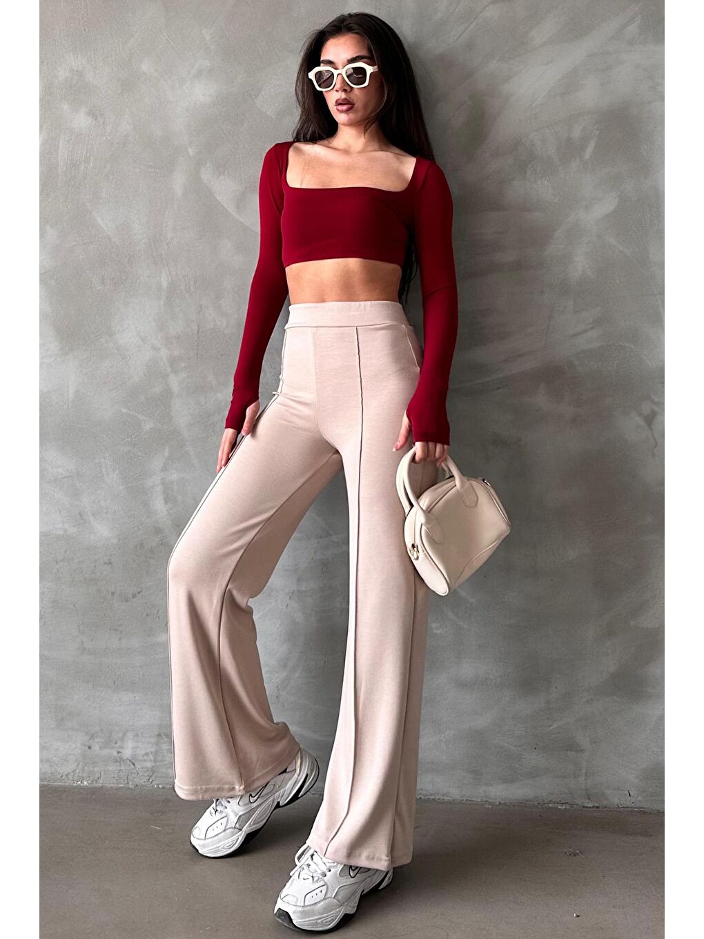 Bej Yüksek Bel İspanyol Paça Kadın Tayt Pantolon Mg2287-2