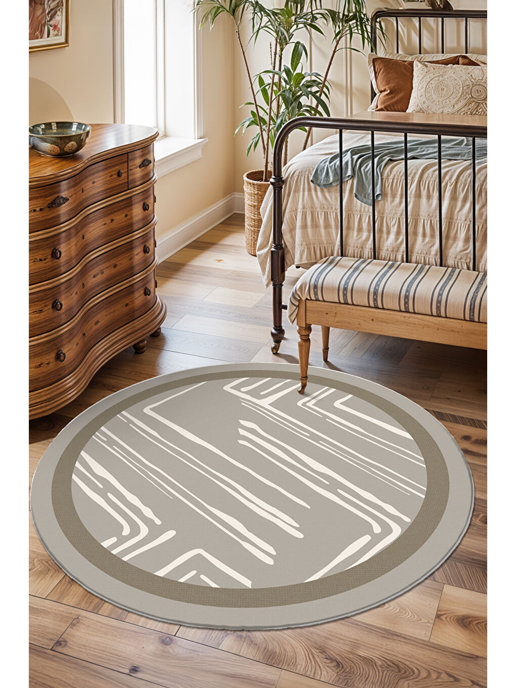 Kahverengi Dekoratif Salon Halısı, Makinada Yıkanabilir, Kaymaz Taban, İnce & Modern Tasarım-1