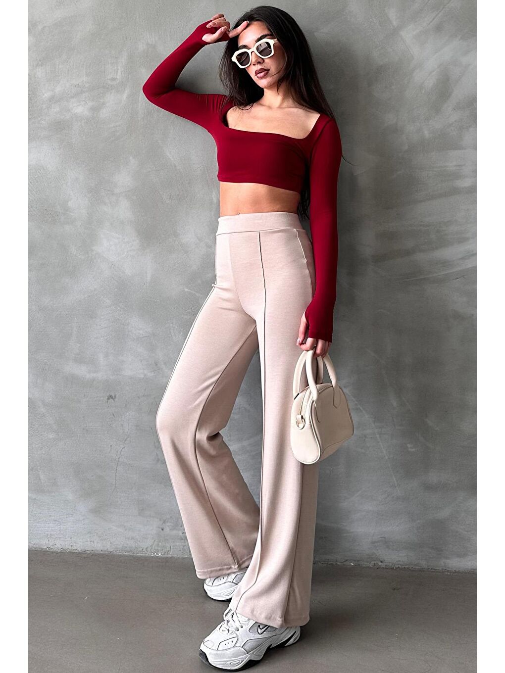 Bej Yüksek Bel İspanyol Paça Kadın Tayt Pantolon Mg2287-3