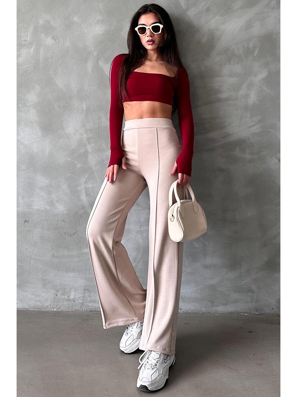 Bej Yüksek Bel İspanyol Paça Kadın Tayt Pantolon Mg2287-4