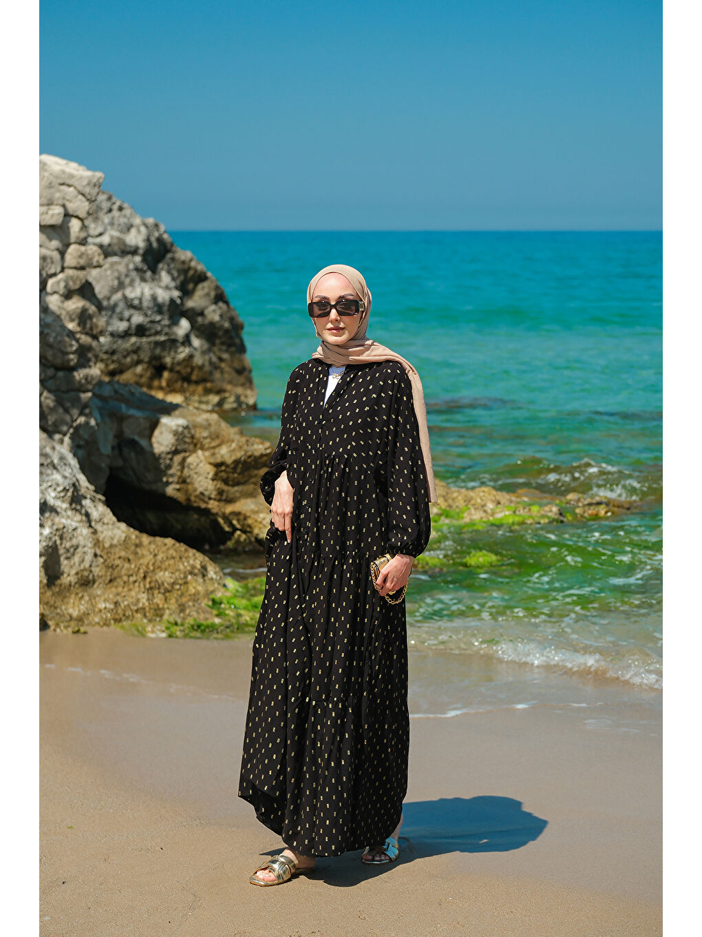 Kadın Sim Boncuk Detaylı Elbise Siyah-3