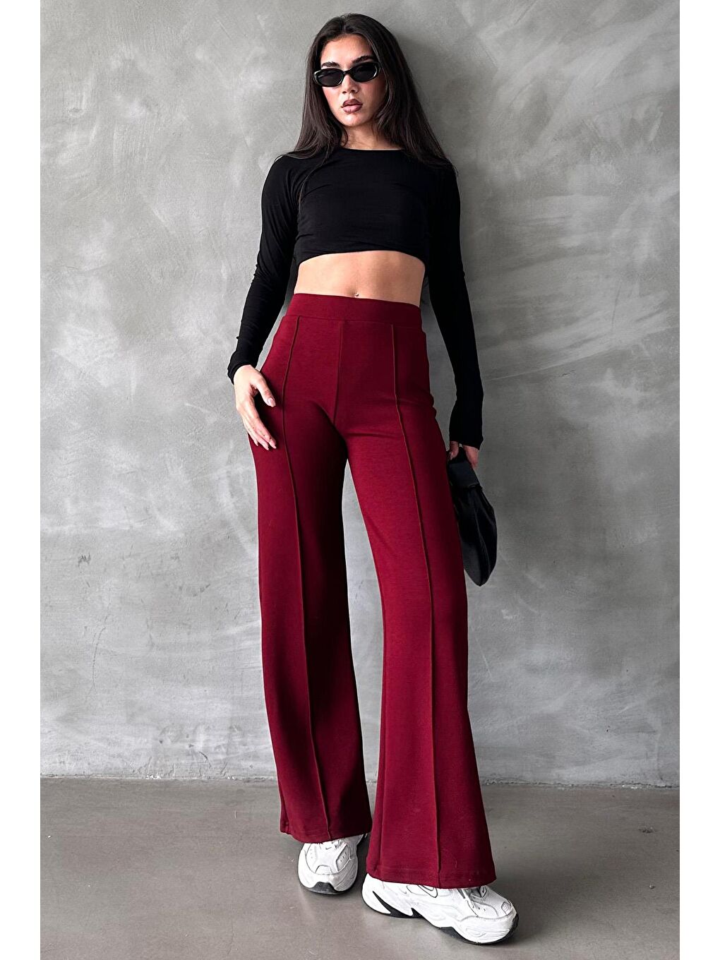 Bordo Yüksek Bel İspanyol Paça Kadın Tayt Pantolon Mg2287-1