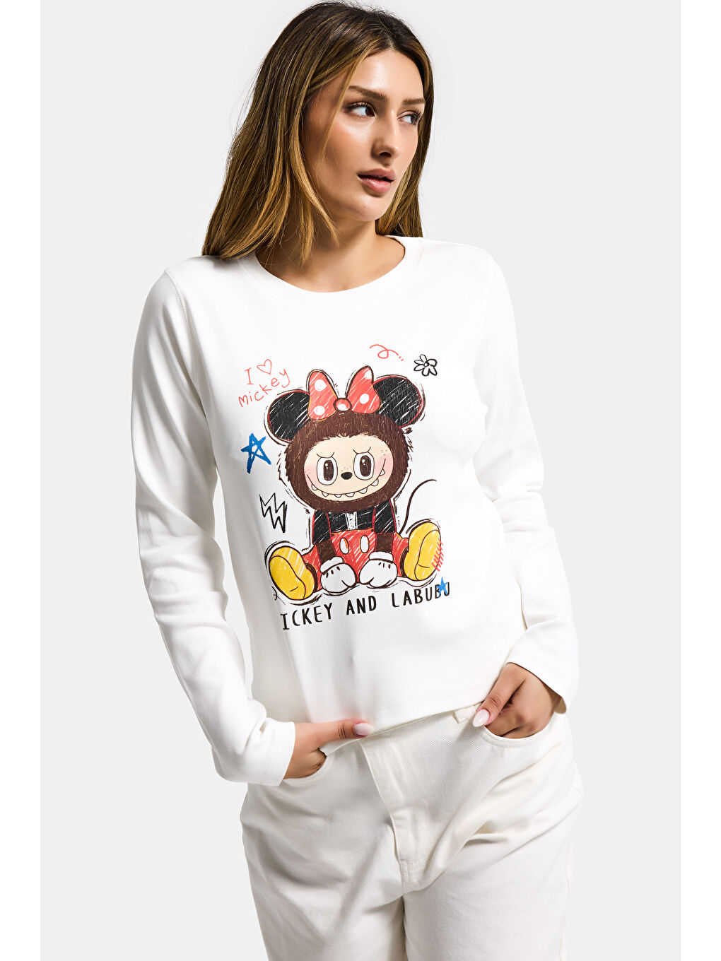 Kadın Kırık Beyaz w5 Baskı Desenli Sweatshirt-5