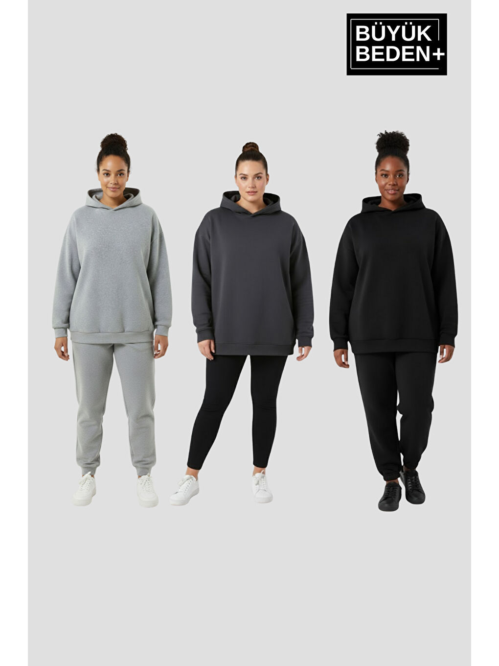 Siyah Kadın Büyük Beden 3 lü Set Kollar Ve Etek Ribanalı ince Kapüşonlu Swatshırt SPR26BSWK957+3