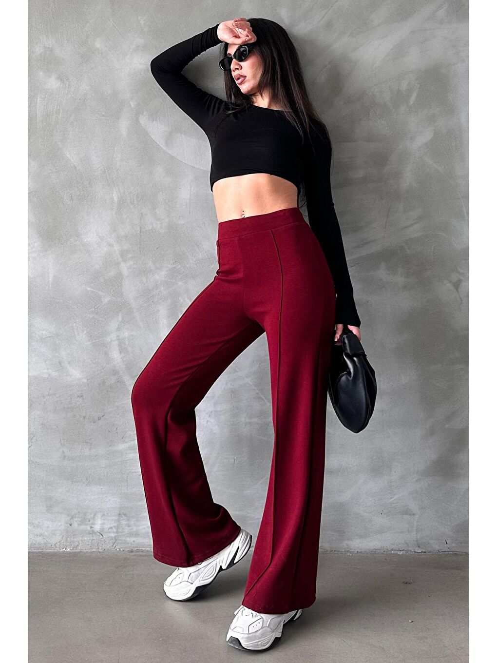 Bordo Yüksek Bel İspanyol Paça Kadın Tayt Pantolon Mg2287-2