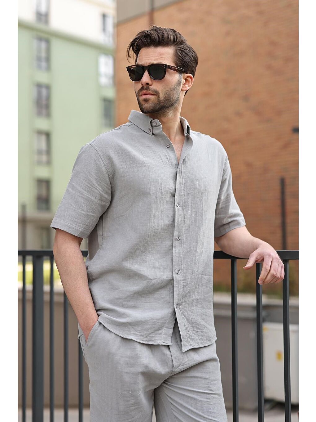 Boyalı Gri Basic Erkek Şort Gömlek Takım E7321-1