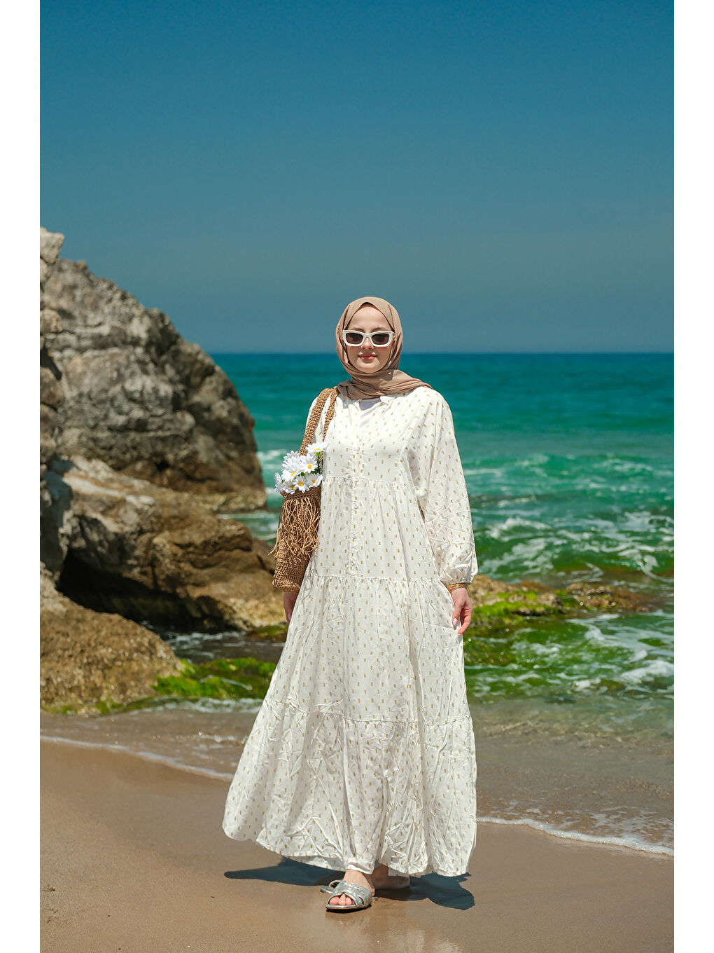 Ekru Kadın Sim Boncuk Detaylı Elbise Krem-1