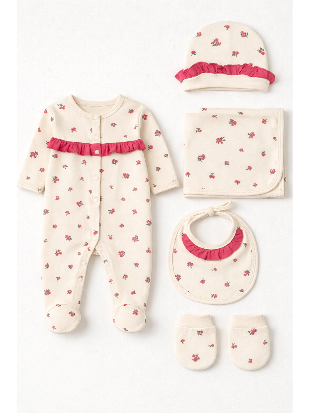 Ekru 5li Hastane Çıkış Seti Tulumlu 90*90 Tek Kat Battaniye Pamuk Lüx