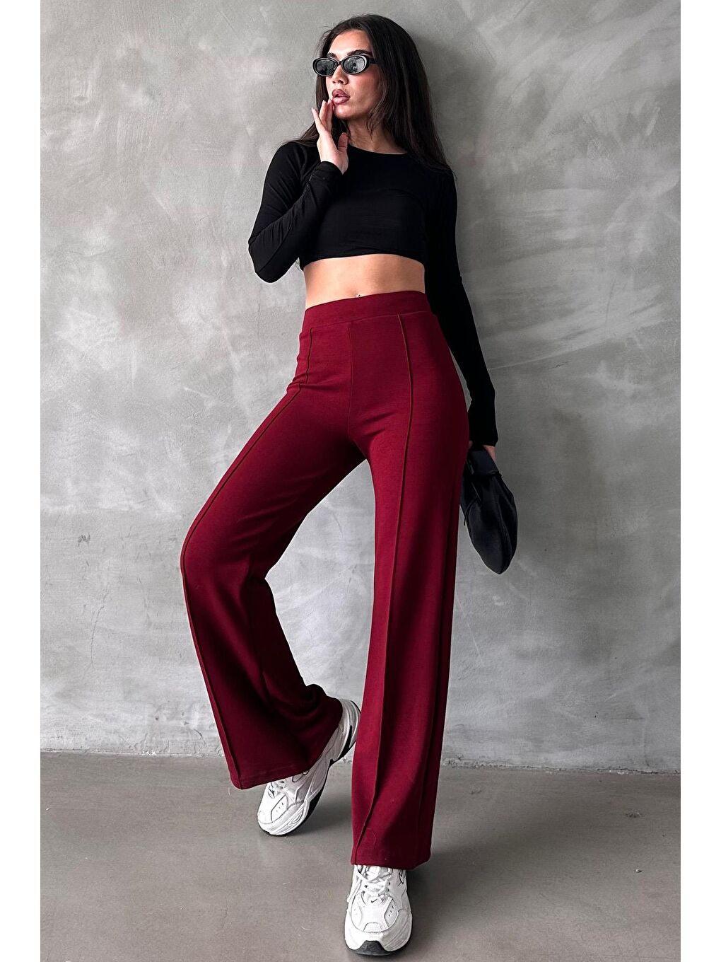 Bordo Yüksek Bel İspanyol Paça Kadın Tayt Pantolon Mg2287-3