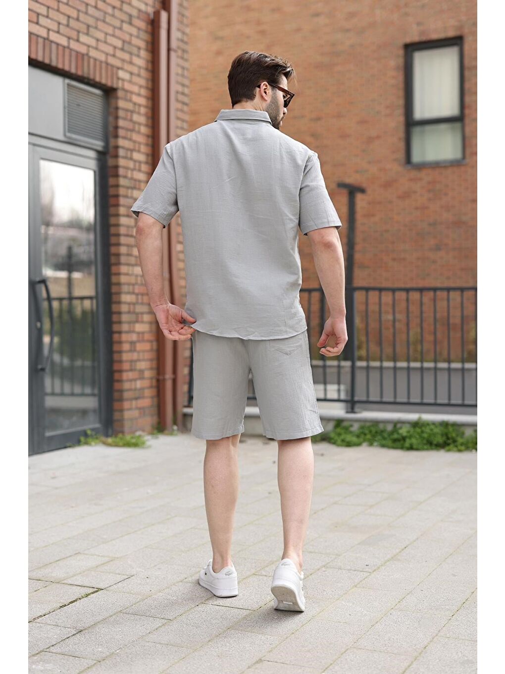 Boyalı Gri Basic Erkek Şort Gömlek Takım E7321-2