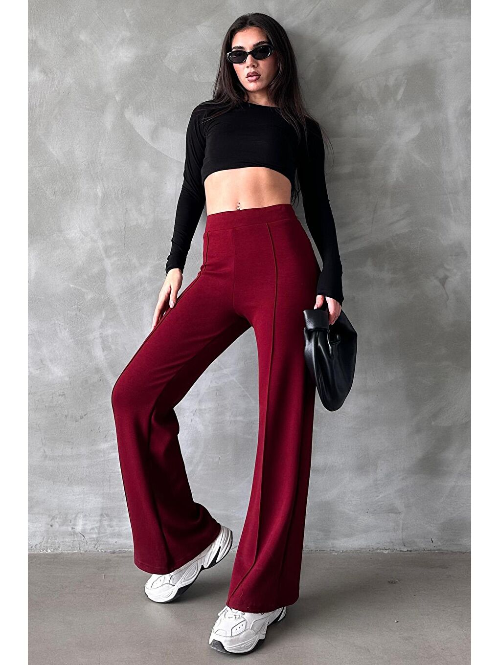 Bordo Yüksek Bel İspanyol Paça Kadın Tayt Pantolon Mg2287-4