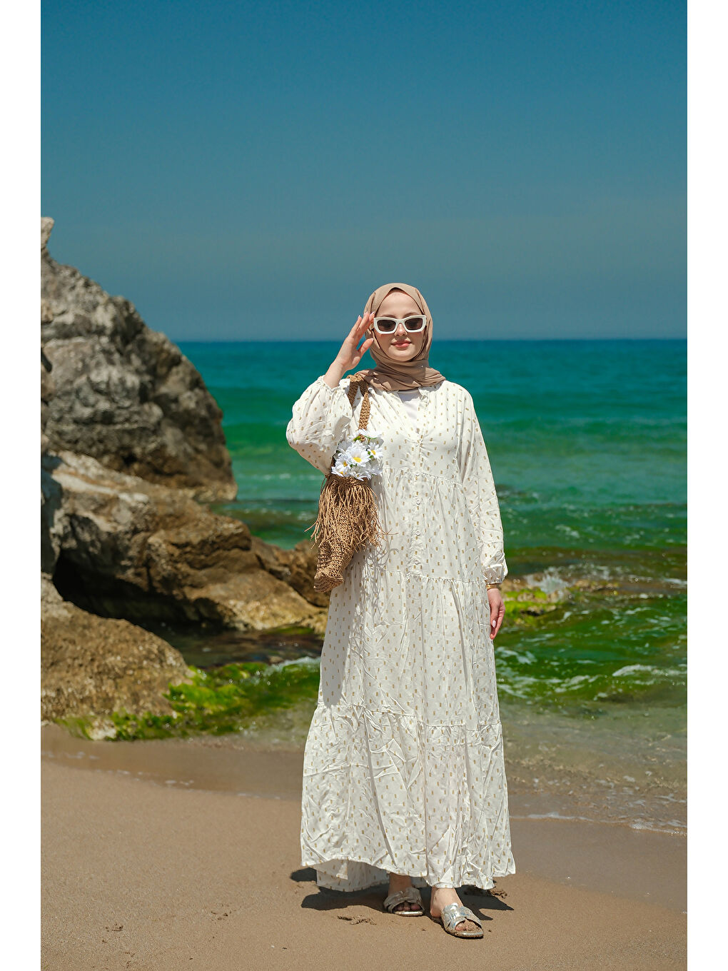 Ekru Kadın Sim Boncuk Detaylı Elbise Krem-2