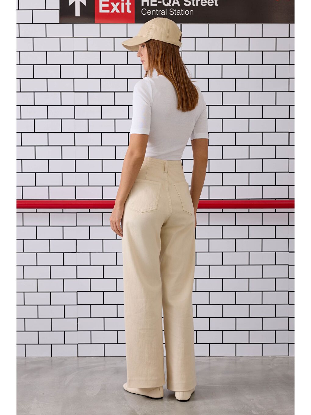 Nervürlü Denim Pantolon Ekru-1