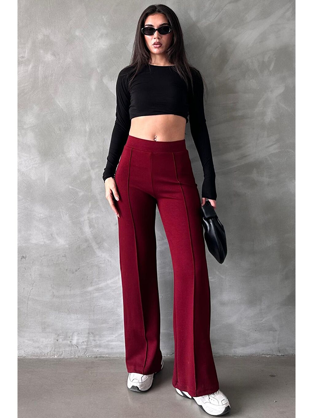 Bordo Yüksek Bel İspanyol Paça Kadın Tayt Pantolon Mg2287-5