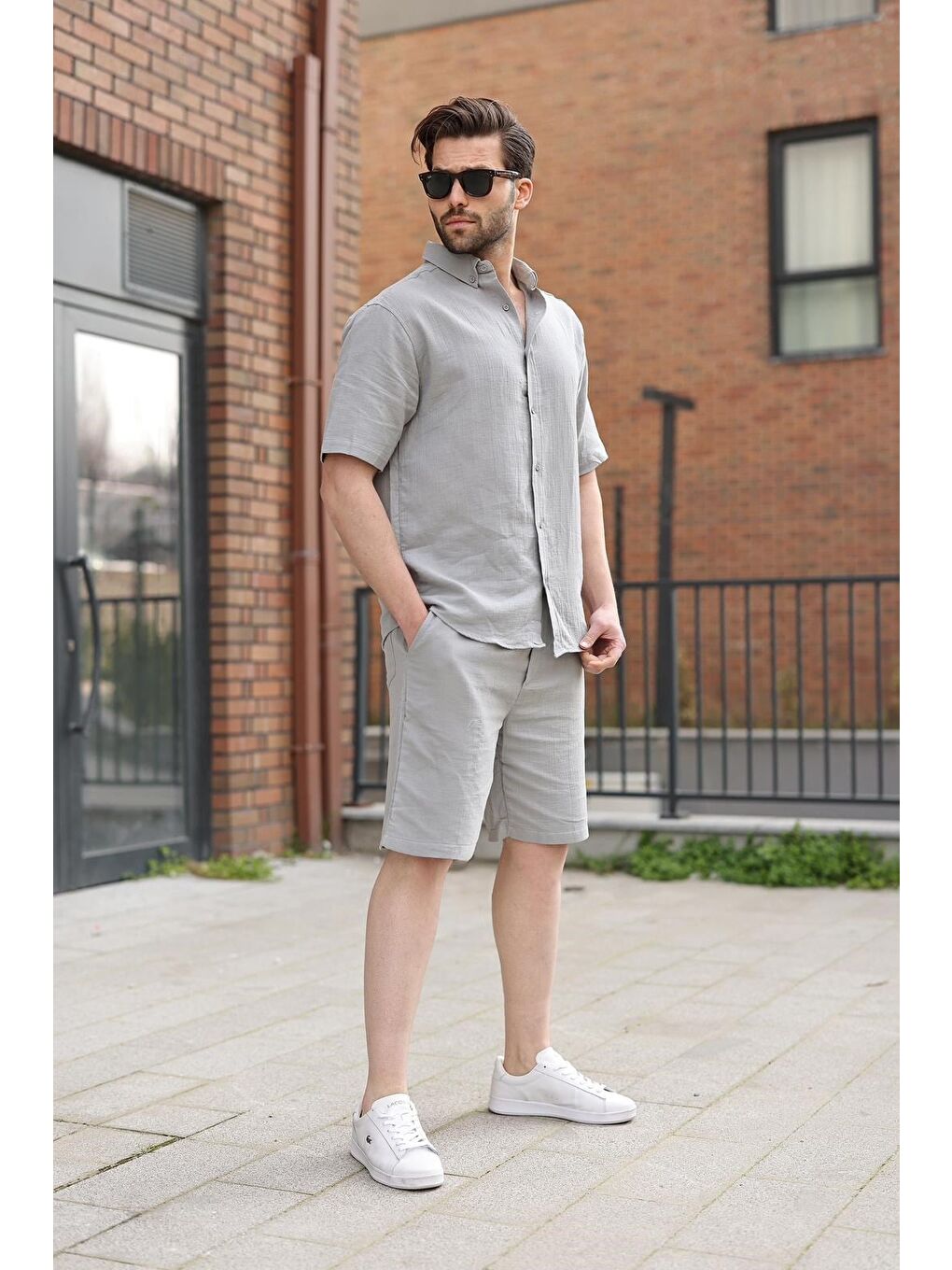 Boyalı Gri Basic Erkek Şort Gömlek Takım E7321-3