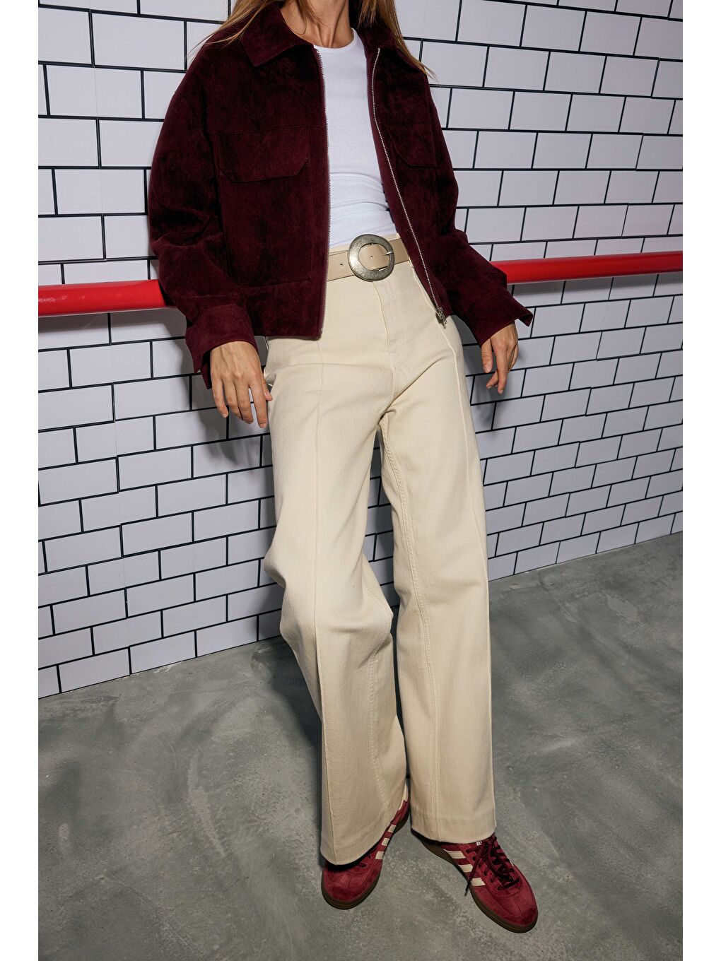 Nervürlü Denim Pantolon Ekru-2